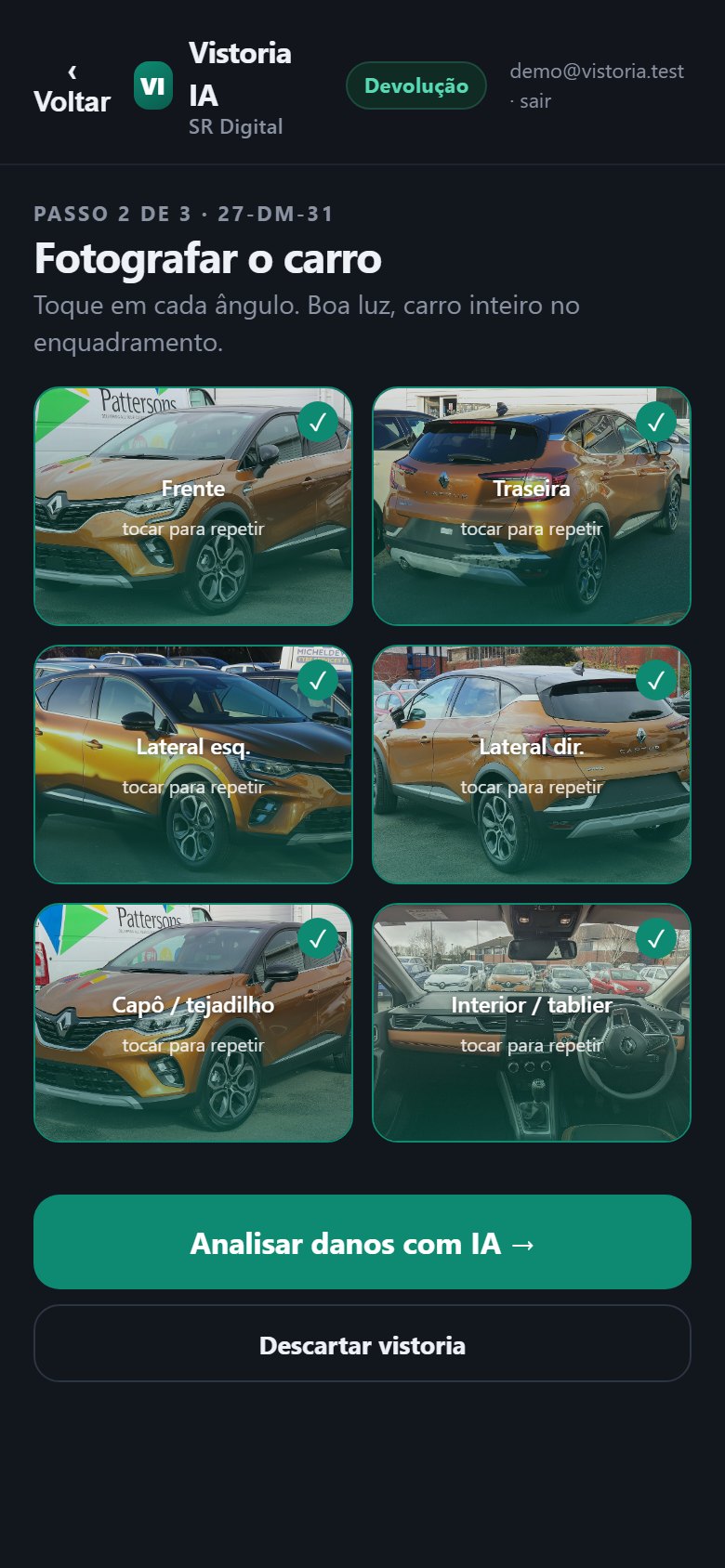 Ecrã de captura guiada: seis ângulos do veículo fotografados na app