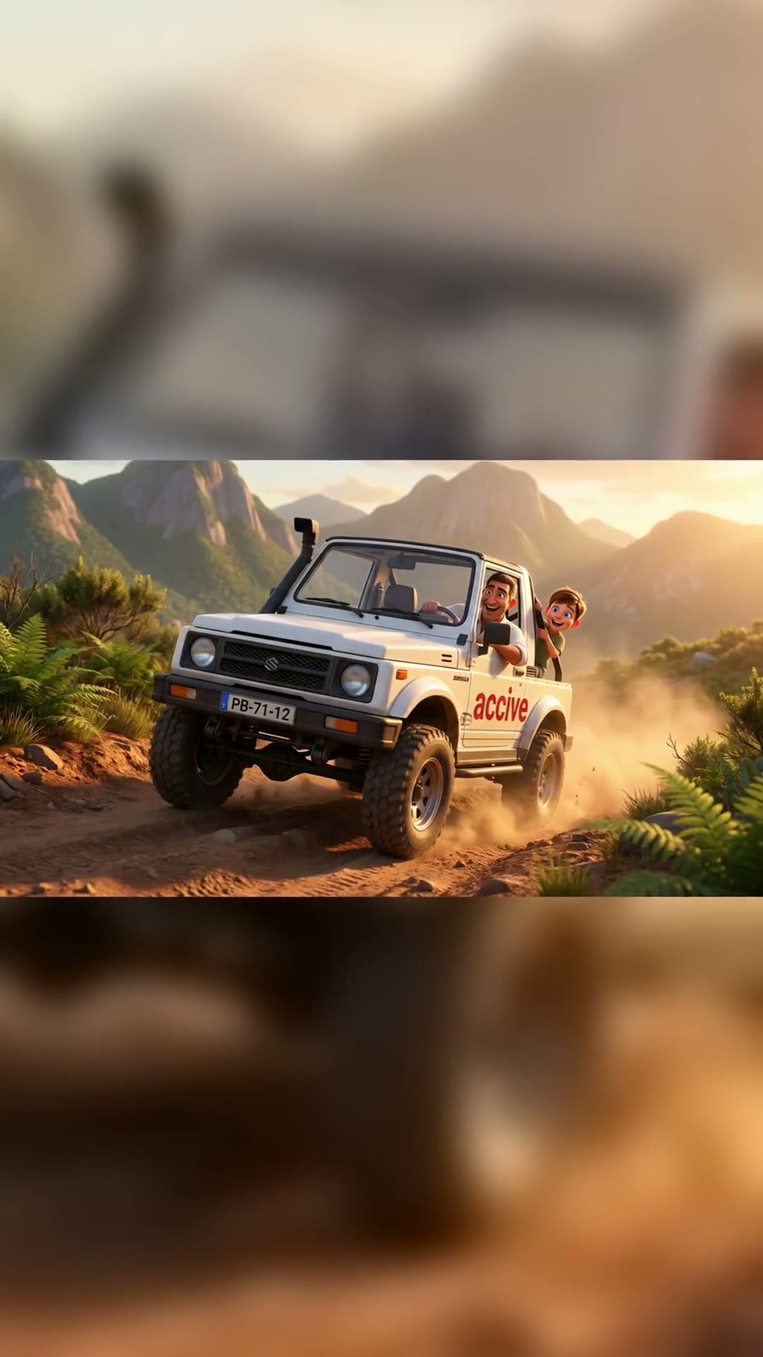 Fotograma do filme animado estilo Pixar: pai e filho num jipe a atravessar as montanhas ao pôr do sol.